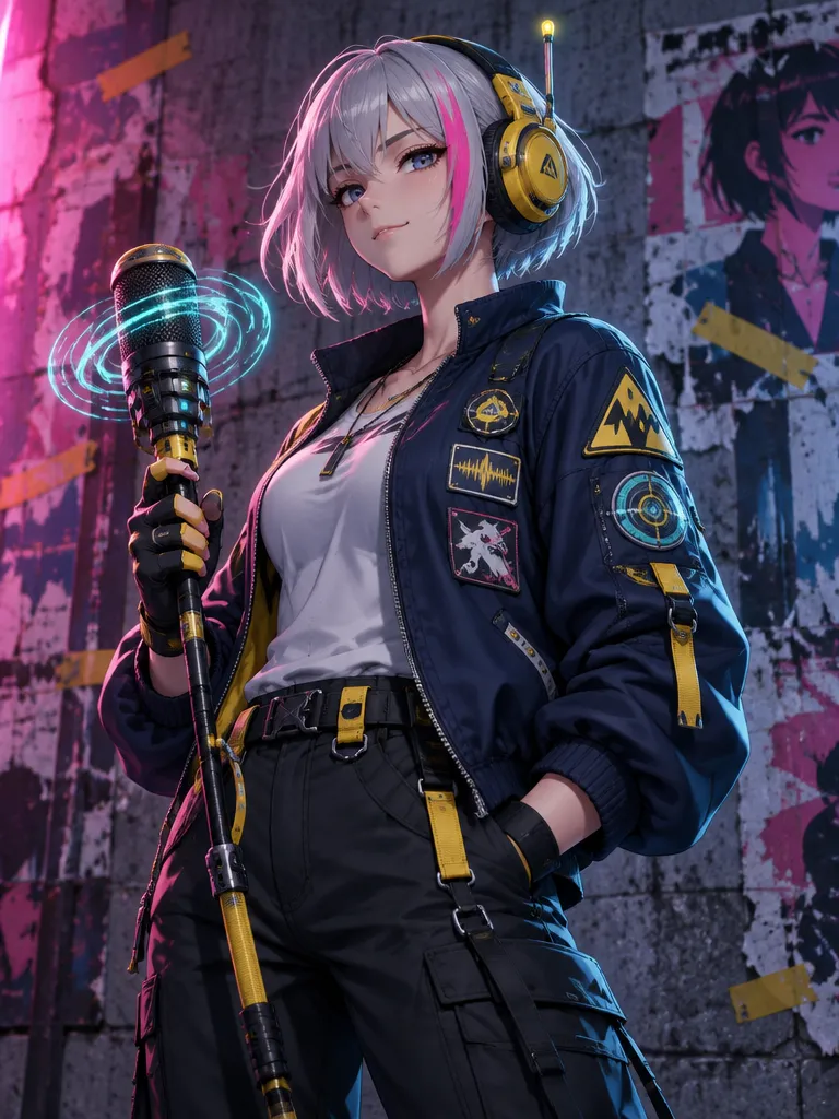 Juno Vale, rambut bob perak dengan helai pink, headset kuning, memegang tongkat mikrofon.