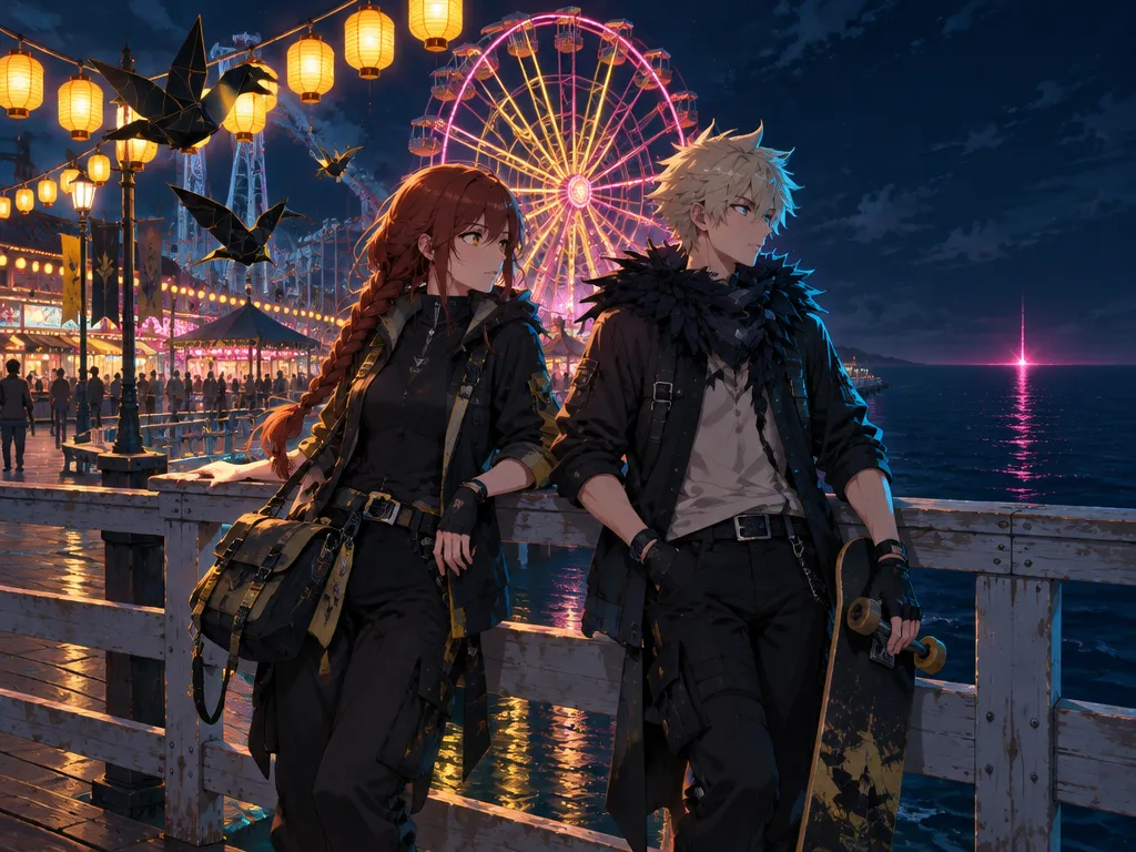 Wren dan Kaito bersandar di pagar boardwalk Ferris Point saat festival malam, kincir menyala di belakang mereka.