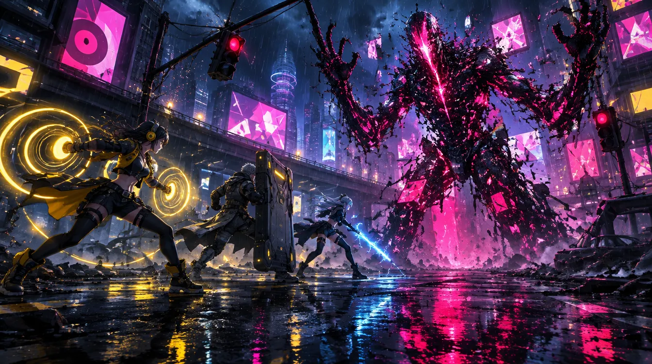 Tim tiga agen melawan Rift Warden, makhluk statis hitam dengan retakan pink, di perempatan basah hujan.